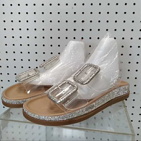 C Comfort Shoes - C Comfort | Women's Silver Sandals Rhinestone Flat Wedge Heel Strap Buckle Slide